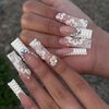 DOCVOEOMH Long Square Press on Nails French White Fake Nails with Shiny Rhinestones Design Full Cover Acrylic False Stick Glue on Nails for Women and Girls 24PCS