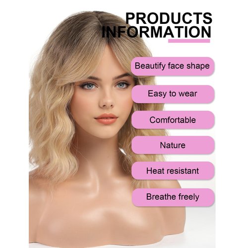 Getshow Short Light Blonde Bob Wigs for Women,Synthetic Wavy Curly Hair Wig with Bangs for Daily