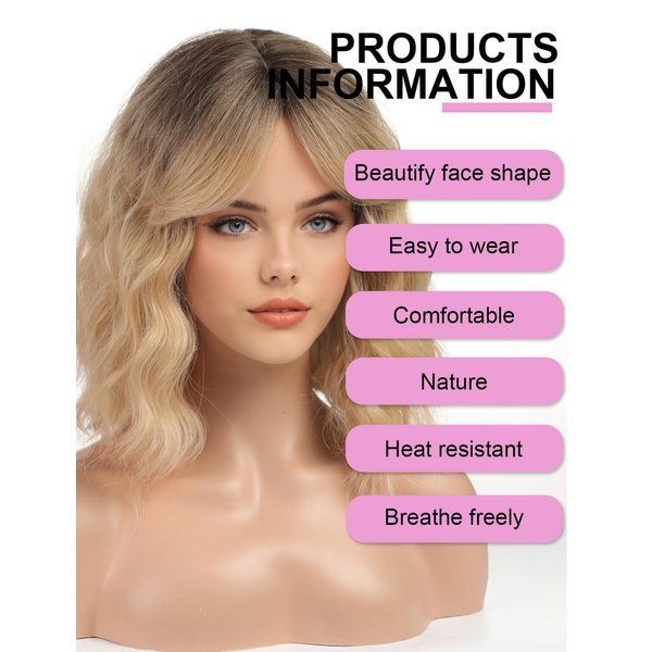 Getshow Short Light Blonde Bob Wigs for Women,Synthetic Wavy Curly Hair Wig with Bangs for Daily
