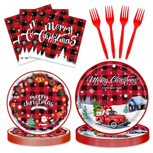 96PCS Christmas Paper Plates and Napkins Party Supplies, Buffalo Plaid Christmas Tree Tableware Set Disposable Paper Plates Napkins Forks for Christmas Party Decorations 24 Guests (Christmas)