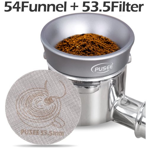 54mm Espresso Dosing Funnel & 53.5mm Puck Screen,PUSEE Coffee Dosing Ring Aluminum Metal,Reusable 1.7mm Thickness 150μm Espresso Puck Screen 316 Stainless Steel Fits 54mm Portafilter