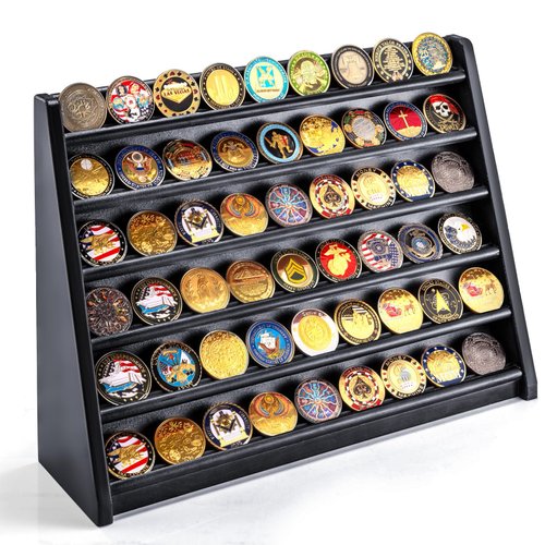 ULTRGEE Challenge Coin Holder Display Stand 54-Coin Military Coins Case Rack with Wall or Desk Display, Assemble-Free Gifts for Coin Collectors (Black)