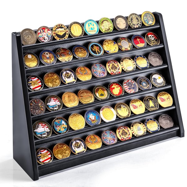 ULTRGEE Challenge Coin Holder Display Stand 54-Coin Military Coins Case Rack with Wall or Desk Display, Assemble-Free Gifts for Coin Collectors (Black)