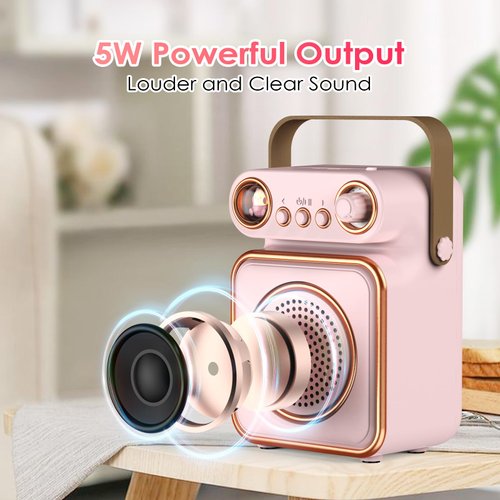 Qoosea Mini Karaoke Machine with 2 Wireless Microphones Portable Bluetooth Microphone with Speaker for Kids and Adults 5W Output Speaker with Light Birthday Gifts for Girls Ages 4~12+ Years Old (Pink)