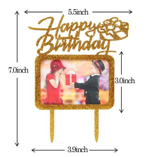 Gold Happy Birthday Cake Topper with Photo Frame,Girl Boy Woman Man Birthday Photo Picture Cake Topper, Birthday Theme Party Cake Decorations