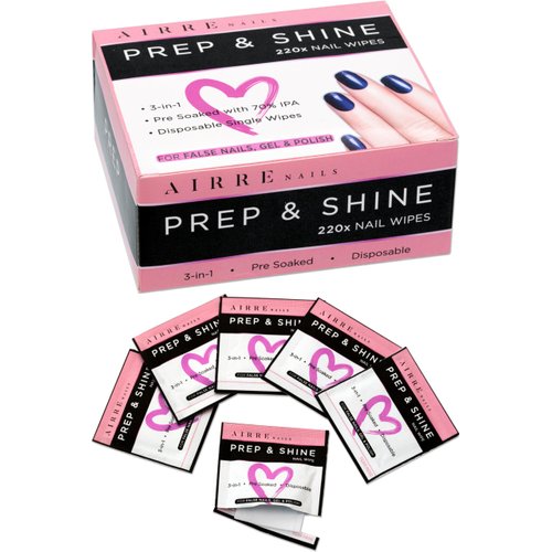 AIRRE 220 Professional Alcohol Prep & Shine Nail Wipes (3in1) Alcohol Wipes for Gel Nails, Acrylic Nails, Press-On Nails & Tips. Removes Sticky Gel Layer Residue, Preps UV/LED Gel Polish & False Nails