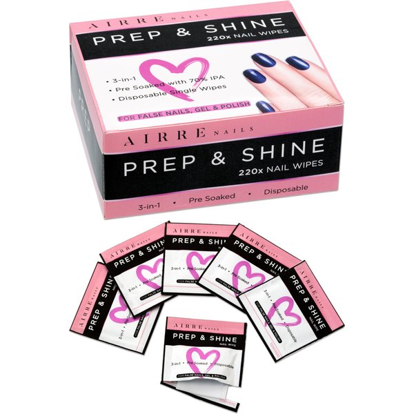 AIRRE 220 Professional Alcohol Prep & Shine Nail Wipes (3in1) Alcohol Wipes for Gel Nails, Acrylic Nails, Press-On Nails & Tips. Removes Sticky Gel Layer Residue, Preps UV/LED Gel Polish & False Nails