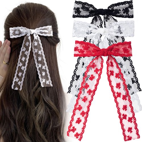CustomyLife 3pcs Lace Hair Bow Clip, Coquette Bow Barrettes Black Red White Long Tail Ribbon Hair...