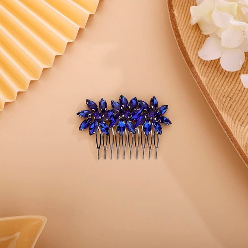 Chargances Bride Wedding Crystal Flower Hair Comb Blue Rhinestone Hair Side Comb Fashion Handmade Headpiece Hair Accessories for Bridal Wedding Prom Flower Girl (Royal Blue)