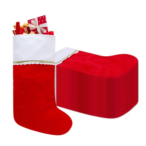 Tokforty 24 Pack Felt Christmas Stockings, 19 Inches Red and White Christmas Stockings Hanging Ornaments, White Cuff with Gold Trim Christmas Stockings for Family Christmas Holiday Decorations