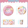 157pcs Four Ever Sweet Birthday Decorations Girl Include Banner, Hanging, Plates and Napkins, Tablecloth, Paper Cups, Forks, Straws, Donut 4th Birthday Balloons, for 4th Birthday Decorations Girl