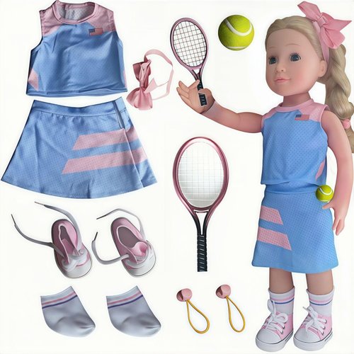 18inch Doll Clothes and accessories-18 Dolls Tennis Sports Outfits-Tops, Short Skirt, Headbands, Hair Band，Doll Socks, Dolls Shoes, Rackets, Ball