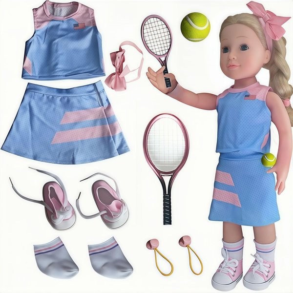 18inch Doll Clothes and accessories-18 Dolls Tennis Sports Outfits-Tops, Short Skirt, Headbands, Hair Band，Doll Socks, Dolls Shoes, Rackets, Ball