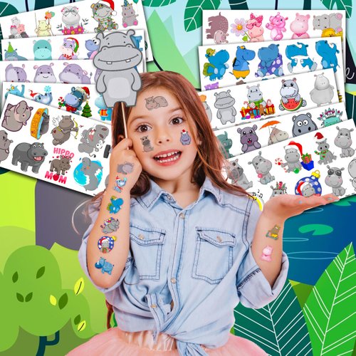 101PCS Little Hippo Hippopotamus Tattoos Temporary Stickers Theme Birthday Party Favors Decorations Supplies Decor Cute Funny Jungle Animals Tattoo Gifts For Kids Boys Girls School Prizes Carnival