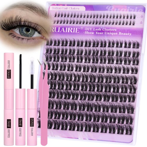 Ruairie Lash Extension Kit with Bottom Lashes Fluffy Lash Clusters Kit Wispy Eyelash Extension Kit 170pcs D Curl Cluster Eyelashes Extensions Kit 5-16MM Eyelash Clusters Kit Individual Lashes Kit