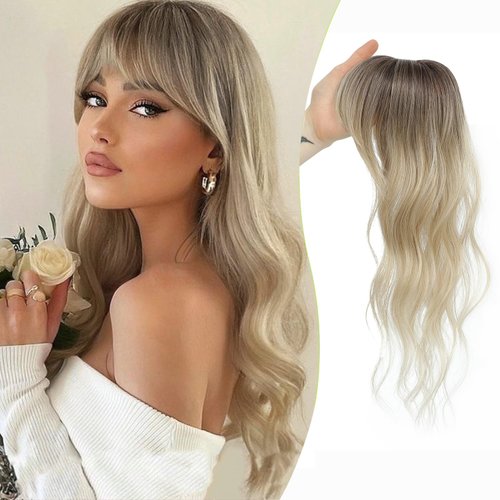 PANEWAY Clip in Bangs with Hair Topper 360° Cover Wavy Bangs Hair Clip on bangs for women Synthetic Hair Pieces Fluffy Fake Bangs for Daily Wear (Mix Light Blonde with Dark Root)
