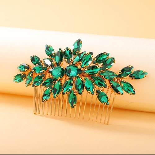 Teyglen Crystal Bride Wedding Hair Comb Full Rhinestone Side Comb Bridal Red Green Black Crystal Hair Pieces Hair Accessories for Bride Women Girl (Green)