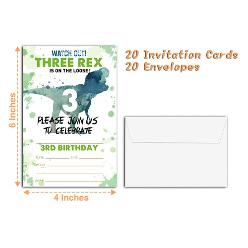 YQV Dinosaur 3rd Birthday Party Invitations, 20-Count Dinosaur Three Rex Birthday Party Invites With Envelopes-HBYQK-B54