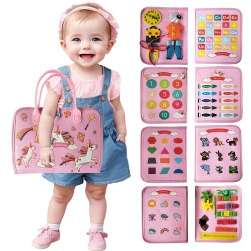 Focushine Busy Board Book for Toddlers, Montessori Toys Busy Board Educational Sensory Learning Toys for Airplane Car Travel, Autism Sensory Toys Gifts for Boys Girls (Pink Unicorn)