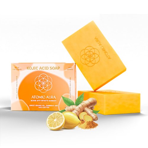 Atomic Aura Kojic Acid Dark Spot Remover Soap Bars with Turmeric, Collagen, Vitamin C, Shea Butter, Olive Oil, Vitamin E with Hyaluronic Acid for Pigmentation, Fine lines, Scars (2 Pack)