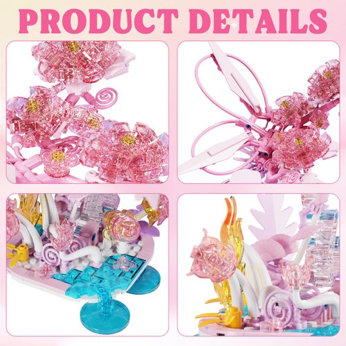 Crystals Flowers Botanical Collection for Adults - 490 Pcs Building Sets, Pink Transparent Crystal Flowers Toys, Plants Botanical Flores Gift Table Art for Adults for Kids Adults