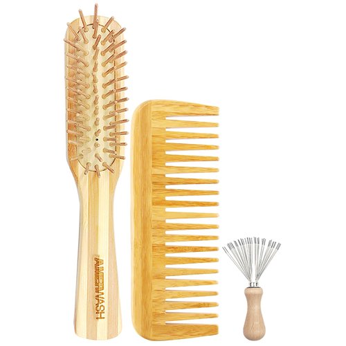 Bamboo Hair Brush and Comb Set, Wood Paddle Detangling Hairbrush Helps Hair Growth, Bamboo Wide Tooth Comb for Women Men Thick Thin Curly Dry Hair, Hairbrush Cleaner Included