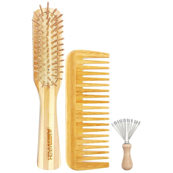 Bamboo Hair Brush and Comb Set, Wood Paddle Detangling Hairbrush Helps Hair Growth, Bamboo Wide Tooth Comb for Women Men Thick Thin Curly Dry Hair, Hairbrush Cleaner Included
