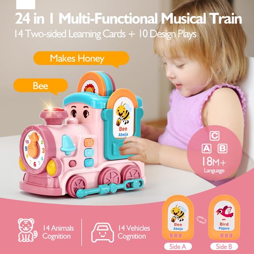 hahaland 1 Year Old Girl Gifts - Activity Musical Train with Talking Flash Cards Bilingual (EN/ES), Educational Learning Toys for Toddlers 1-3, Baby Toys 12-18 Months Girl Easter Basket Stuffers