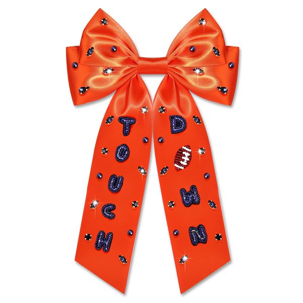 NLCAC Football Hair Bows Game Day Hair Bows for Women Long Tail Satin Bow Barrette Hair Clip Game Day Outfits Hair Accessories for Women Sports Fan Gifts Touch Down Orange Navy