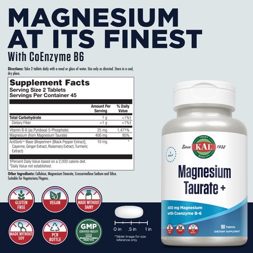 KAL Magnesium Taurate 400mg Plus CoEnzyme Vitamin B6, Chelated Magnesium Supplement, Healthy Muscle Function, Nerve and Heart Health Support, Gluten Free, Vegan, 60-Day Guarantee, 45 Serv, 90 Tablets