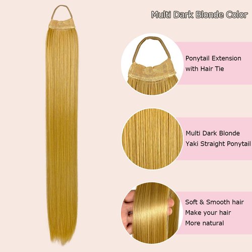 VAVANGA 28inch Long Ponytail Extension with Hair Tie, Multi Dark Blonde Yaki Straight Ponytail Thick Braiding Hair Ponytail Natural Fake Pony Tails Hairpiece for Women (#15/18)
