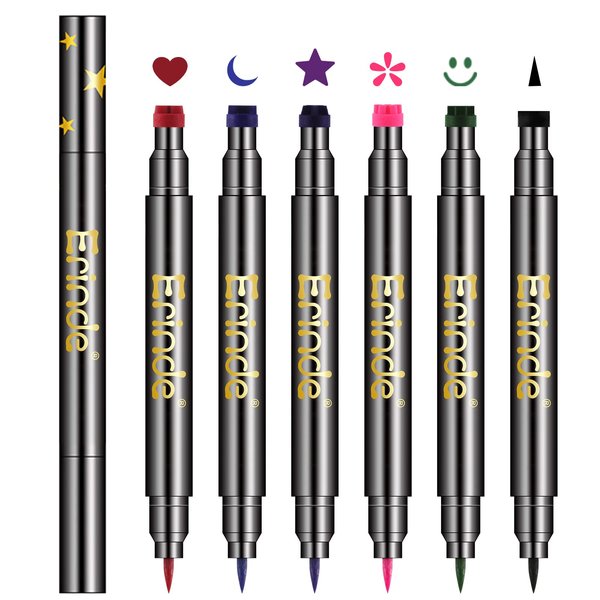 Erinde 6 Colors Double-headed Liquid Eyeliner Stamp Pen Set, Blue Red Pink Purple Green Black Colorful Winged Eye Liners for Women, Waterproof Long-Lasting Star Moon Heart Halloween Eye Face Makeup