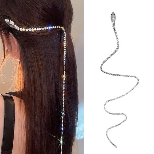Crystal Snake Hair Chains with Long Tassel Rhinestone Barrettes Hair Clips, Sparkling Headband Hairpin Accessories for Women & Girls Wedding Party Nightclub Party Daily Headwear, Silver