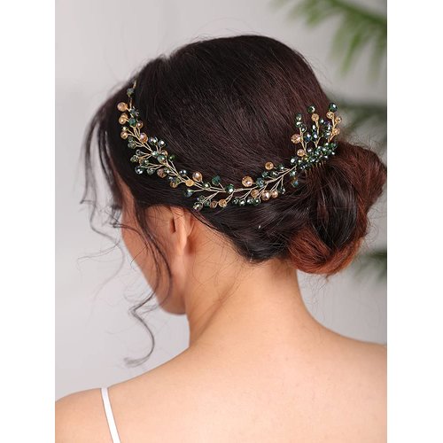 Rumtock Emerald Green Rhinestones Beads Champange Hair Comb for Wedding Brides Women Girls Side Headpiece Handmade Vintage Jewelry