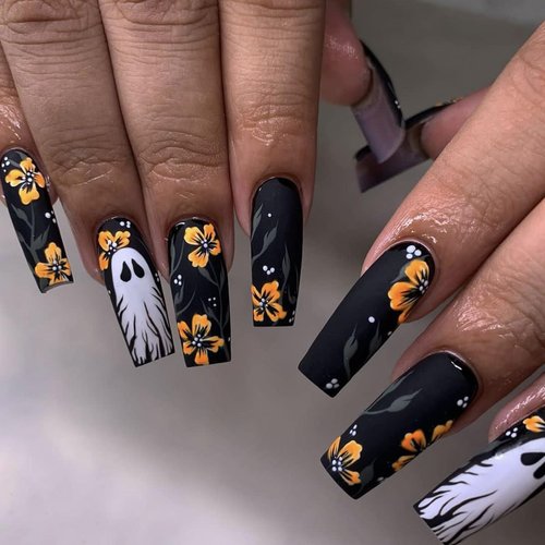 24 Pcs Halloween Spuare Press on Nails Long Coffin - SHANRUN Black Matte Fake Nails Press ons Nail Art Tips Glue on Nails Full Cover Acrylic False Nails with Ghost Design Stick on Nails for Women