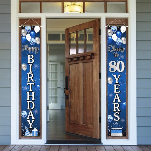 Nelbiirth Happy 80th Birthday Decorations,80th Blue & Silver Balloon Birthday Theme Door Hanging Banner Sign,Cheers to Eighty Years Old Bday Party Supplies.