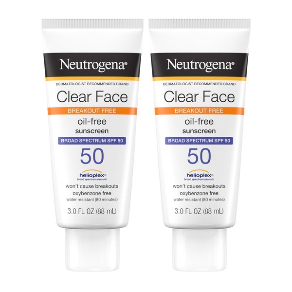 Neutrogena Face Sunscreen Broad Spectrum SPF 50 Clear Face Breakout Free Lotion, Fragrance- & Oxybenzone-Free, Non-Comedogenic, Twin Pack, 2 x 3 fl. oz