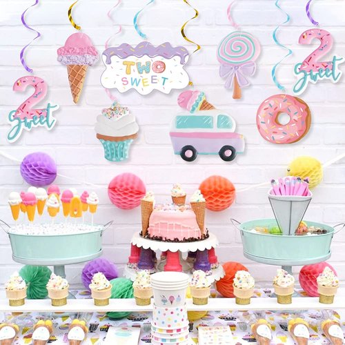 Pastel Ice Cream Two Sweet 2nd Birthday Party Supplies, Ice Cream Donut Party Hanging Swirls Decorations, Summer Ice Cream Party Hanging Streamers for Ice Cream Baby Second Birthday Donut Theme Party