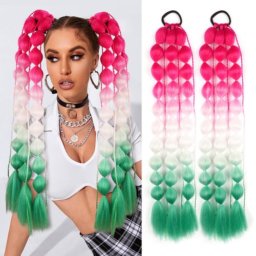 LyoRuSi 2 Pcs 22 Inch Lightweight Christmas Color Scheme Hair Extensions for Girls Kids Bubble Ponytail Extension with Hair Tie (Red/White/Green#)
