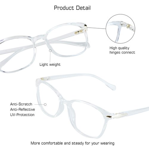 VisionGlobal Blue Light Blocking Glasses for Women, Anti Eyestrain, Computer Reading, TV Glasses, Stylish Square Frame, Anti Glare (Clear, No Magnification)