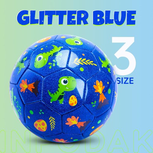 INPODAK Toddler Soccer Ball Size 3 Cartoon Dinosaur Blue Balls for Kids 2-8 with Pump, Mesh Bag and Gift Box for Birthdays, Christmas and Parties