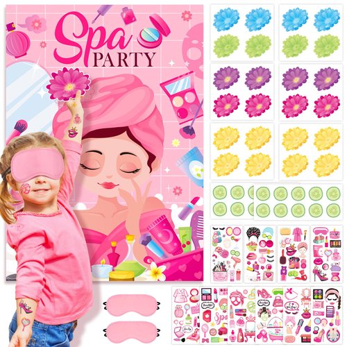 Konsait Spa Party Games Pin The Cucumber on The Girl 44 Pieces Spa Stickers Poster with Blindfolds for Kids 118 PCS Spa Temporary Tattoo Spa Birthday Party Supplies for Girls Spa Party Decorations