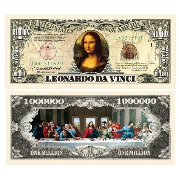 25 Leonardo Da Vinci Million Dollar Bill with Bonus “Thanks a Million” Gift Card Set