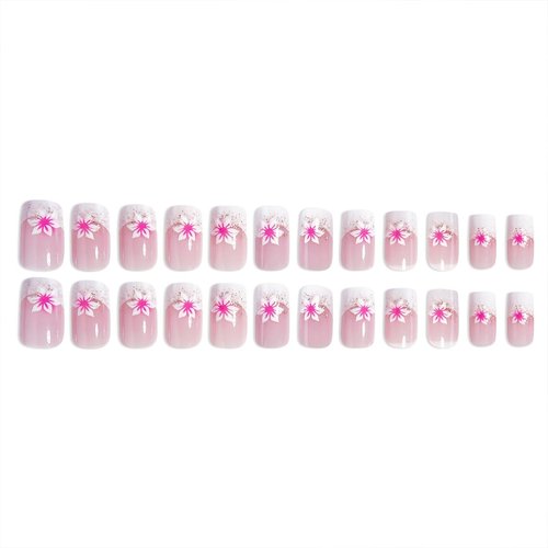 French Tip Press on Nails Medium Acrylic Nails with Flowers Design Square Fake Nails Pink Flower Nails Kit Glossy Artificial Nails Full Cover False Nail Stick on Nails for Women Nail Art Decoration