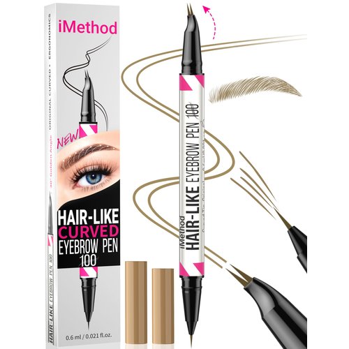 iMethod Curved Eyebrow Pen - Eyebrow Pencil 2-in-1 Dual-Ended Eyebrow Pen with Curved Tip and Precise Brush-Tip, Microblading Eyebrow Pen for Natural Hair-Like Brows, Long Lasting, Light Brown