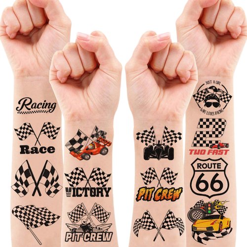 96 PCS Funny Race Car Checkered Flag Black and White Temporary Tattoos Sticker Birthday Party Decorations Supplies Favors Gifts Boys Girls Men Women Cute Racing Fake Tattoo School Prizes Carnival