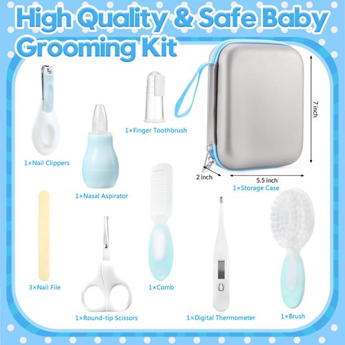 Little Angel Baby Grooming Kit,Baby Grooming Kit Newborn Care Set with Hair Brush Comb Finger Toothbrush Nasal Aspirator etc for Nursery Newborn Infant Toddlers Boys Girls(Blue)