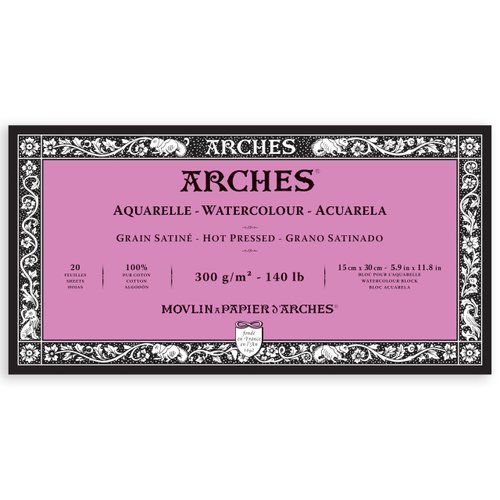 Arches Aquarelle Watercolor Block, Hot Pressed, 140lb/300gsm, 20 Sheet, 5.9x11.8 inch, Arches Watercolor Paper 100% Cotton