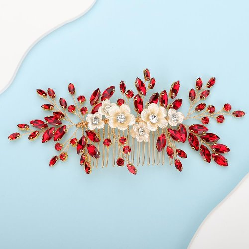 Rumtock White Flower Red Rhinestones Hair Comb for Wedding Brides Women Hair Piece Jewelry Handmade Boho Hair Accessories (Red)