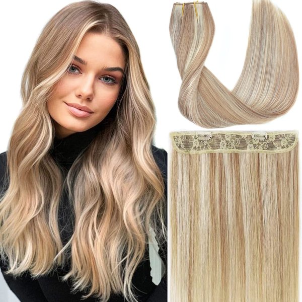 Ugrace Hair Wire Hair Extensions Real Human Hair Light Blonde Highlighted Golden Blonde 18 inch 90g Hairpiece with Invisible Fish Line Straight Clip in Human Hair Extensions for Women